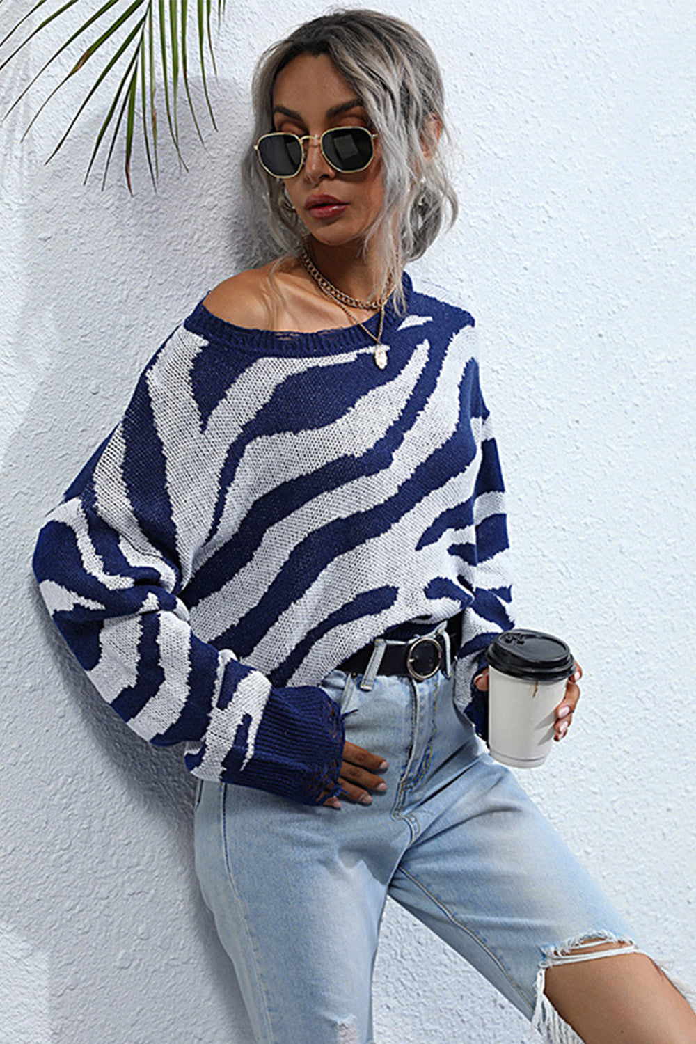 W&W Mode Gestreifter Print Gestrickter Rundhalsausschnitt Pullover