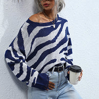 WW Gestreifter Print Gestrickter Rundhalsausschnitt Pullover