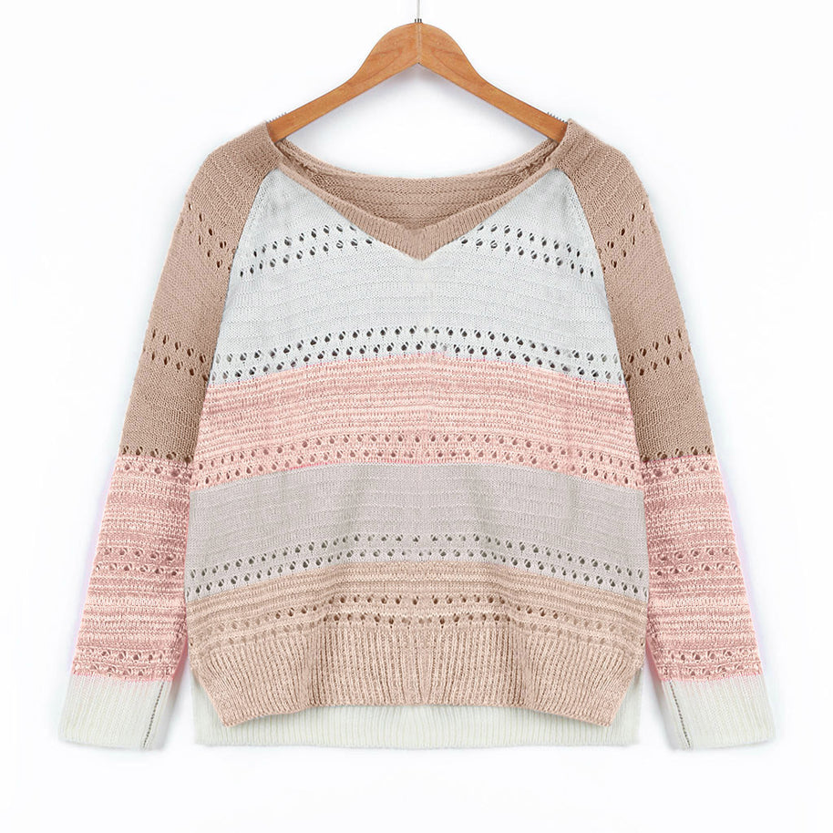 Damen Strickpullover mit V-Ausschnitt und zarten Lochmustern WW