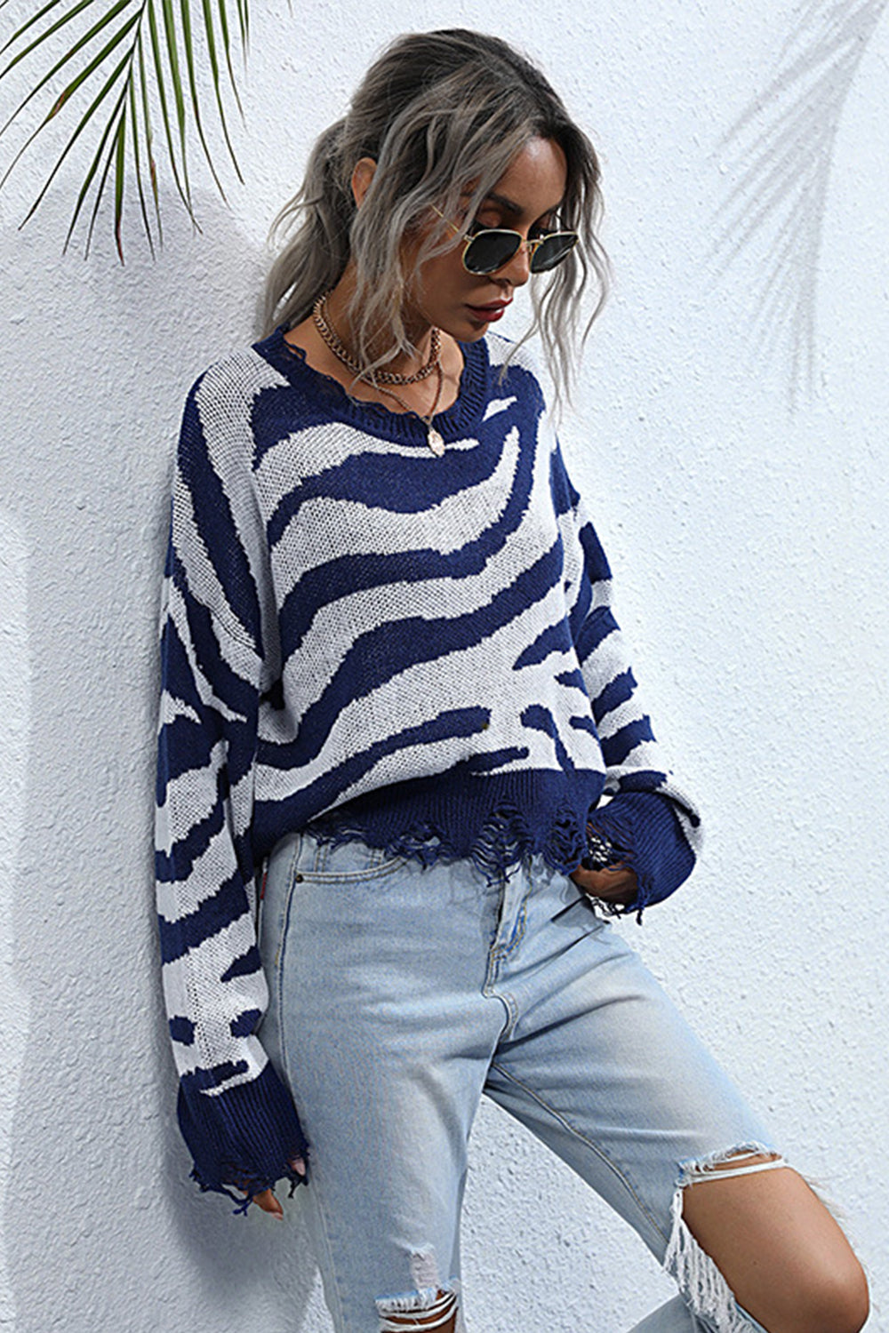 W&W Mode Gestreifter Print Gestrickter Rundhalsausschnitt Pullover