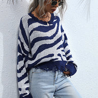 WW Gestreifter Print Gestrickter Rundhalsausschnitt Pullover