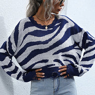 WW Gestreifter Print Gestrickter Rundhalsausschnitt Pullover