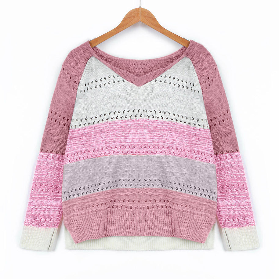 Damen Strickpullover mit V-Ausschnitt und zarten Lochmustern WW