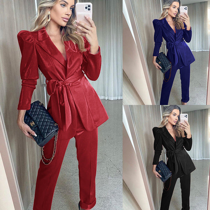 Damen Blazeranzug mit voluminösen Puffärmeln und tailliertem Gürtel W&W Mode