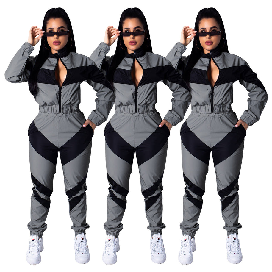 Damen Sportlicher Jumpsuit mit stylischen Farbblockelementen und hohem Kragen WW
