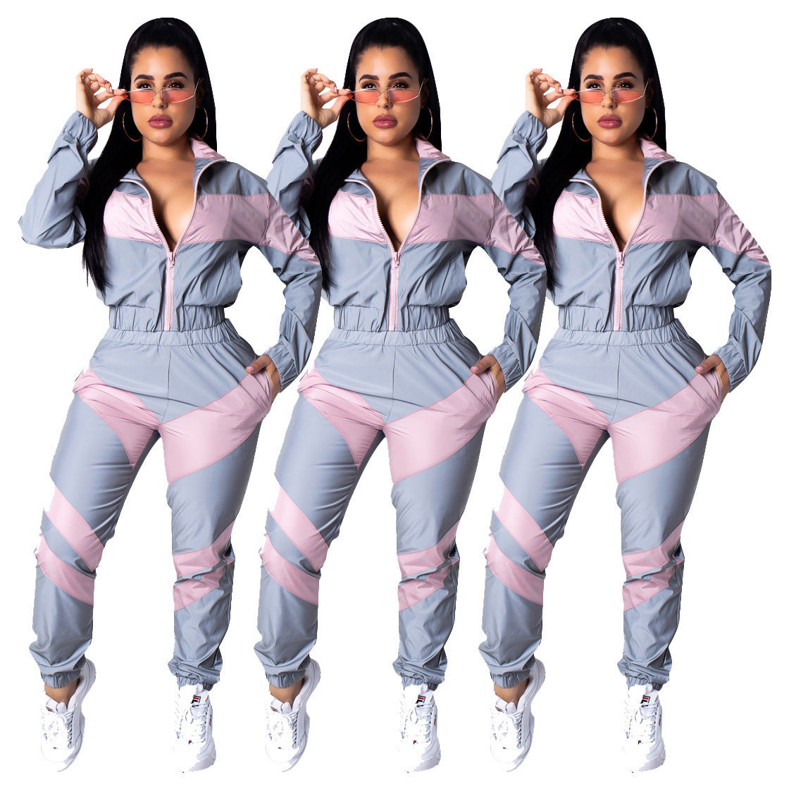 Damen Sportlicher Jumpsuit mit stylischen Farbblockelementen und hohem Kragen WW