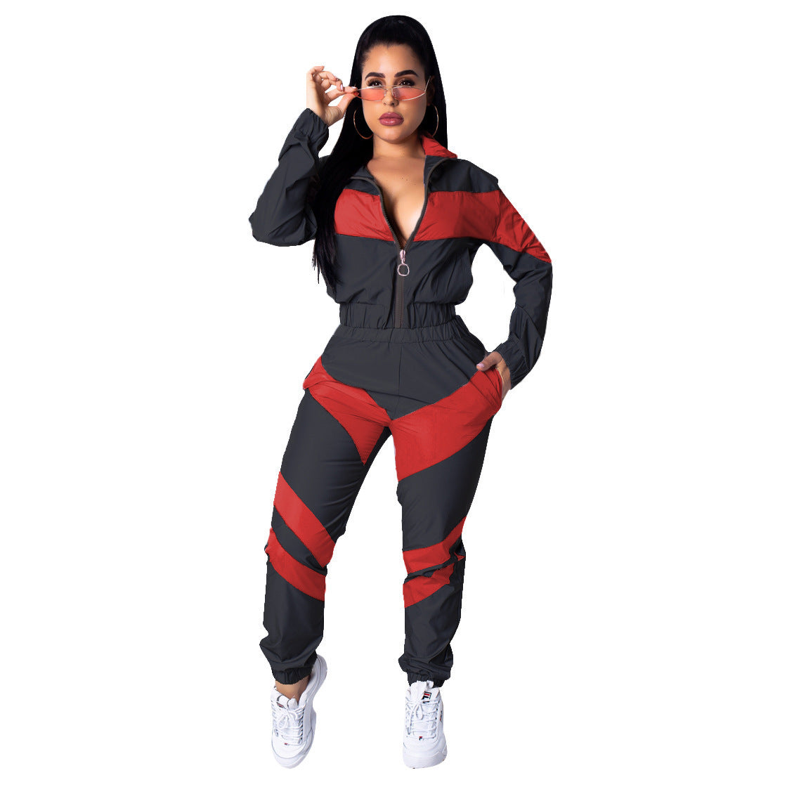 Damen Sportlicher Jumpsuit mit stylischen Farbblockelementen und hohem Kragen WW