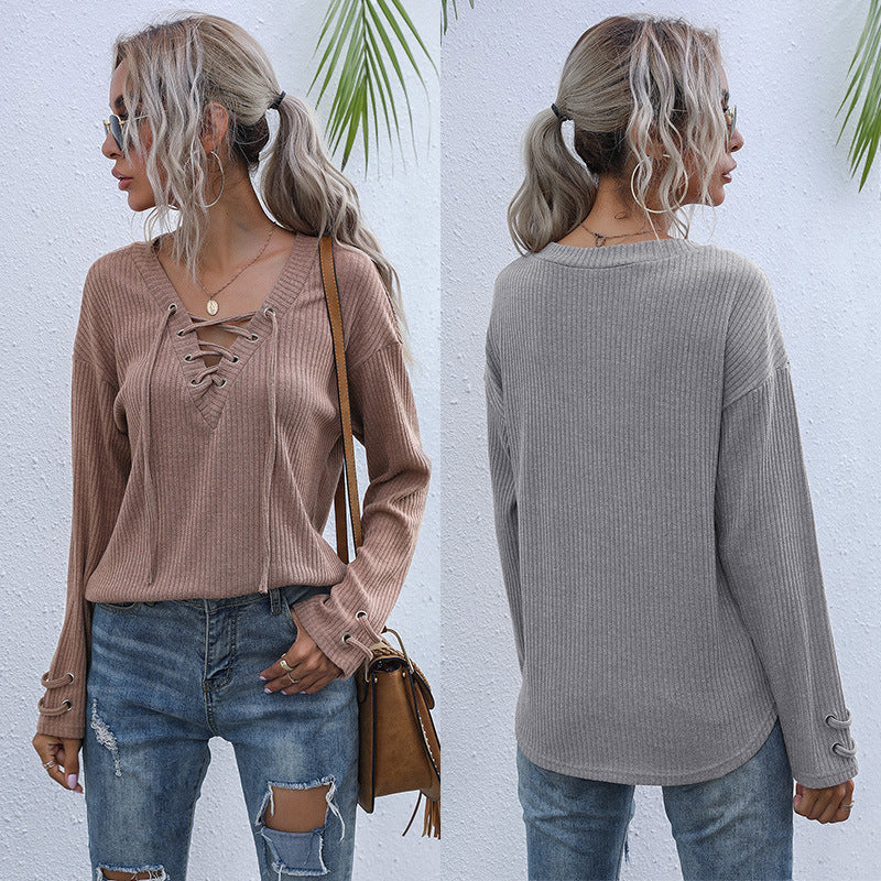 Damen lässiger Pullover mit Schnürung und Ballonärmeln WW