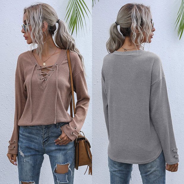 Damen lässiger Pullover mit Schnürung und Ballonärmeln WW