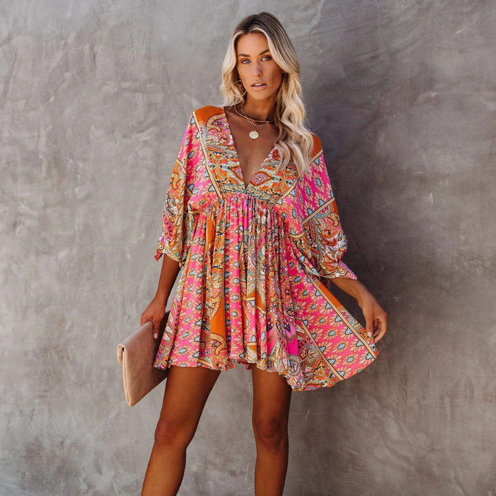 Damen kurzes Boho-Kleid mit Blumenmuster