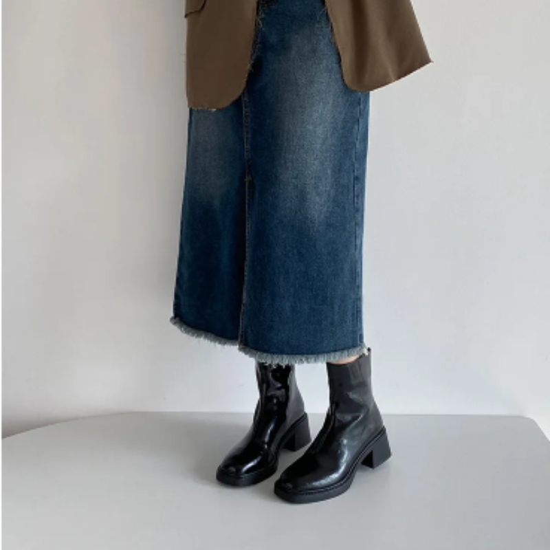 Damen-Leder-Ankle-Boots mit Blockabsatz