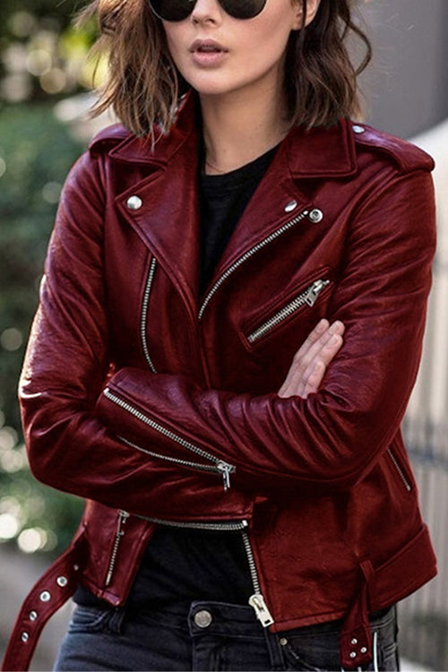 WW | Rosiedress Vintage Revers Reißverschluss Kunstleder Bikerjacke
