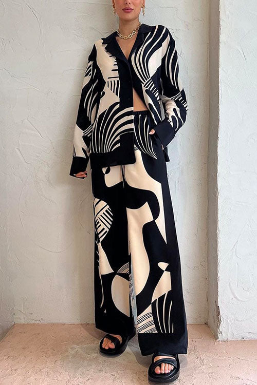 WW | Rosiedress Grafik Druck Langarm Bluse Shirt Weite Beinform Hose 2 Teile Set