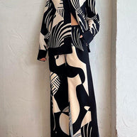 WW | Rosiedress Grafik Druck Langarm Bluse Shirt Weite Beinform Hose 2 Teile Set