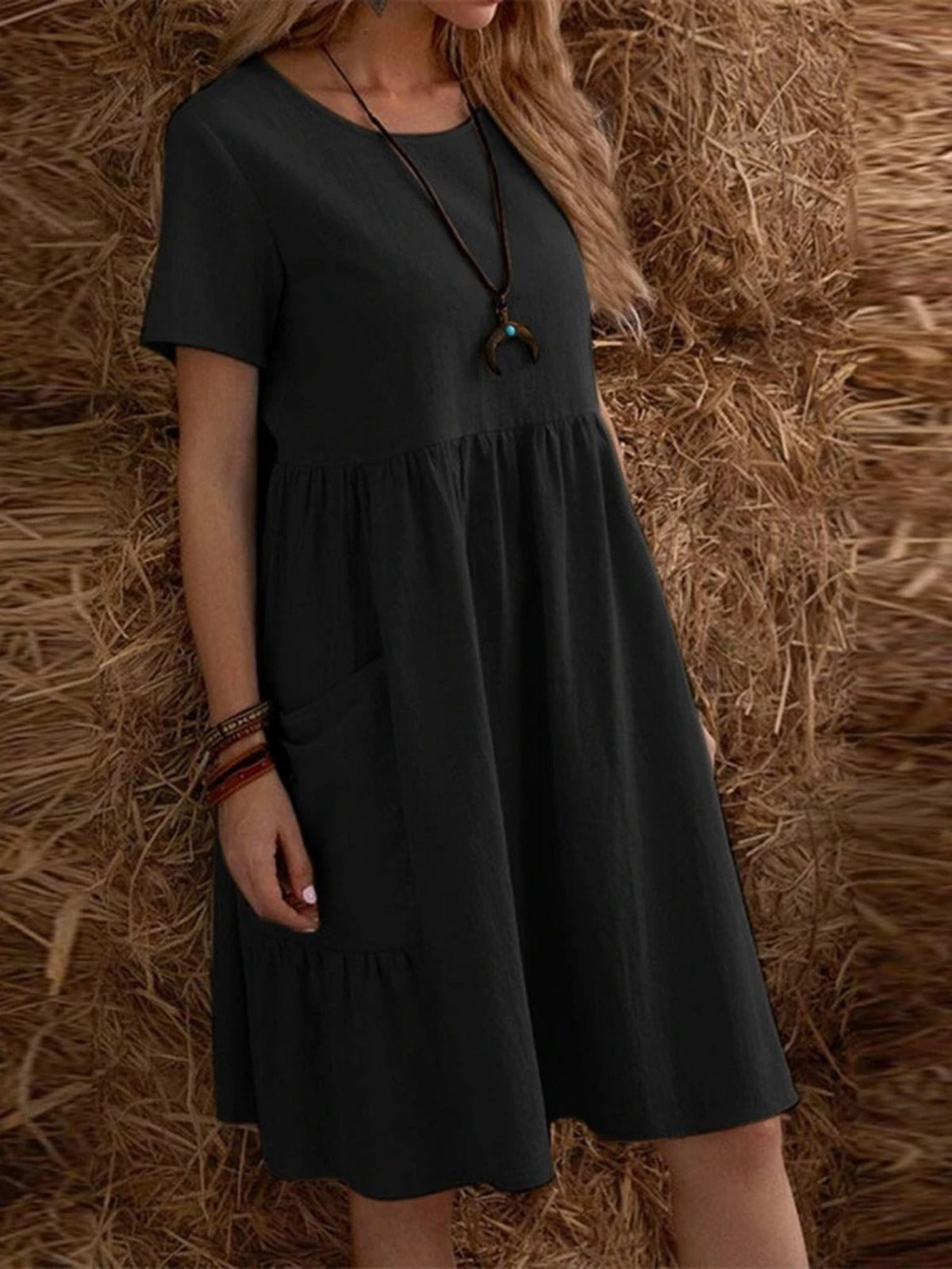 W&W | Lose Tasche einfarbig Rundhalsausschnitt Kleid