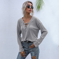 Damen lässiger Pullover mit Schnürung und Ballonärmeln WW