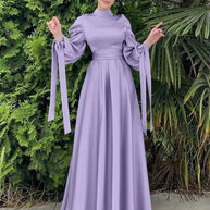WW | Elegantes Frauen Muslimisch Islamisch Saati Grosgrain Einfarbig Maxi Kleid Mit Gürtel