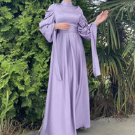 WW | Elegantes Frauen Muslimisch Islamisch Saati Grosgrain Einfarbig Maxi Kleid Mit Gürtel