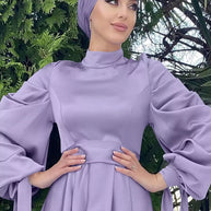 WW | Elegantes Frauen Muslimisch Islamisch Saati Grosgrain Einfarbig Maxi Kleid Mit Gürtel