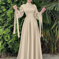 WW | Elegantes Frauen Muslimisch Islamisch Saati Grosgrain Einfarbig Maxi Kleid Mit Gürtel