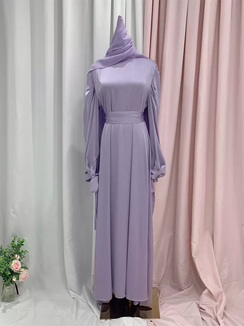 Damen Satin-Maxikleid mit Gürtel und passendem Schal