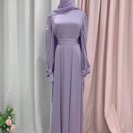 WW | Elegantes Frauen Muslimisch Islamisch Saati Grosgrain Einfarbig Maxi Kleid Mit Gürtel
