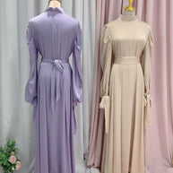 WW | Elegantes Frauen Muslimisch Islamisch Saati Grosgrain Einfarbig Maxi Kleid Mit Gürtel