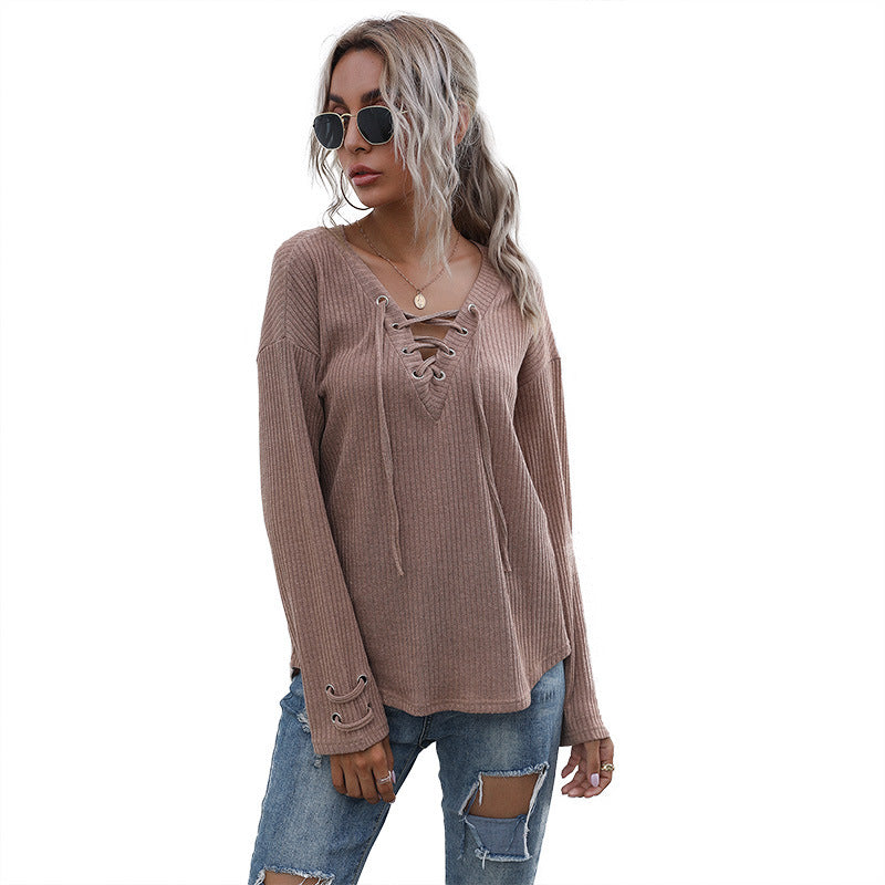 Damen lässiger Pullover mit Schnürung und Ballonärmeln WW