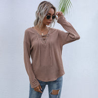 Damen lässiger Pullover mit Schnürung und Ballonärmeln WW