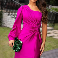 WW | One Shoulder Maxi Kleid Satin Finish Drapierter Bund Langarm Seitenschlitz