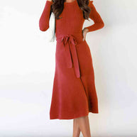 WW | Rundhalsausschnitt Langarm Knoten Taille Pullover Kleid