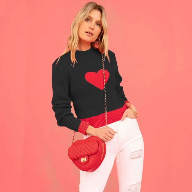 W&W Mode | Gerippter Strickpullover mit Herz-Intarsien