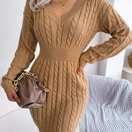 WW | Schicke Herbst Kabelstrick V-Ausschnitt Mini Kleid für Frauen