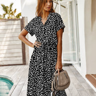 WW | Lässiger Polka Dot V-Ausschnitt Kurzarm Midi Kleid