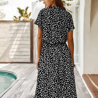 WW | Lässiger Polka Dot V-Ausschnitt Kurzarm Midi Kleid