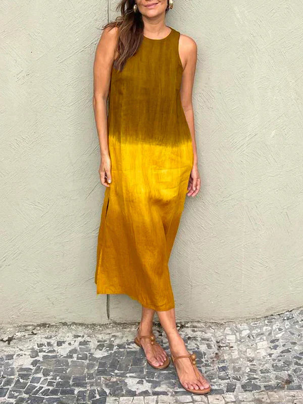 WW | Luftiges Baumwoll Leinen Kleid Mit Farbverlauf Und Schlitz in Den Beinen