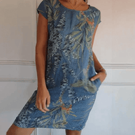 WW | Baumwolle und Leinen Rundhalsbedrucktes Kleid
