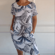 WW | Baumwolle und Leinen Rundhalsbedrucktes Kleid