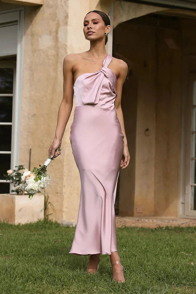 WW | Ein Schulter Rückenfreies Satin Brautjungfer Hochzeit Party Bodycon Fishtail Maxi Kleid