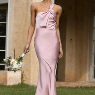 WW | Ein Schulter Rückenfreies Satin Brautjungfer Hochzeit Party Bodycon Fishtail Maxi Kleid