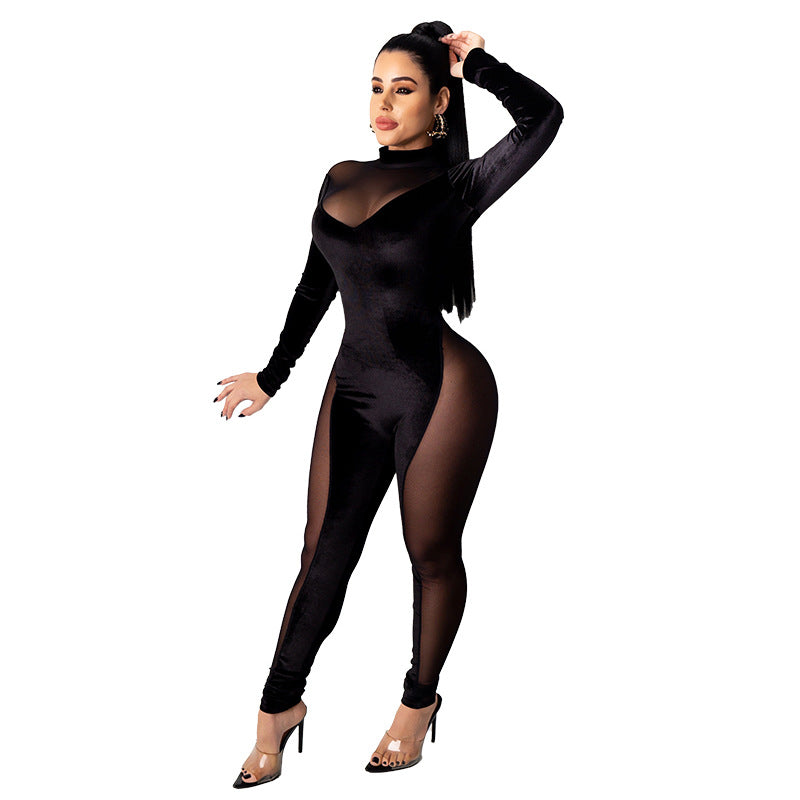 Damen figurbetonter Jumpsuit mit transparenten Einsätzen und elegantem Stehkragen WW