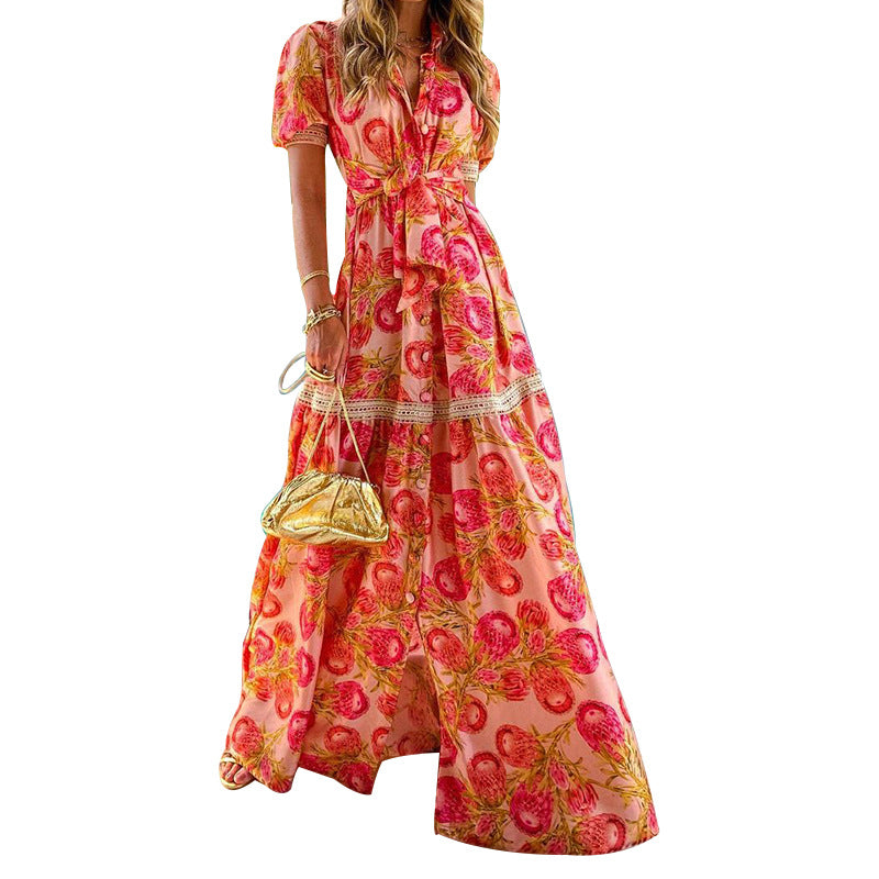 Damen Maxikleid mit floralen Applikationen und Taillengürtel WW