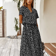 WW | Lässiger Polka Dot V-Ausschnitt Kurzarm Midi Kleid