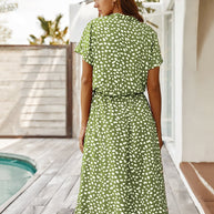 WW | Lässiger Polka Dot V-Ausschnitt Kurzarm Midi Kleid