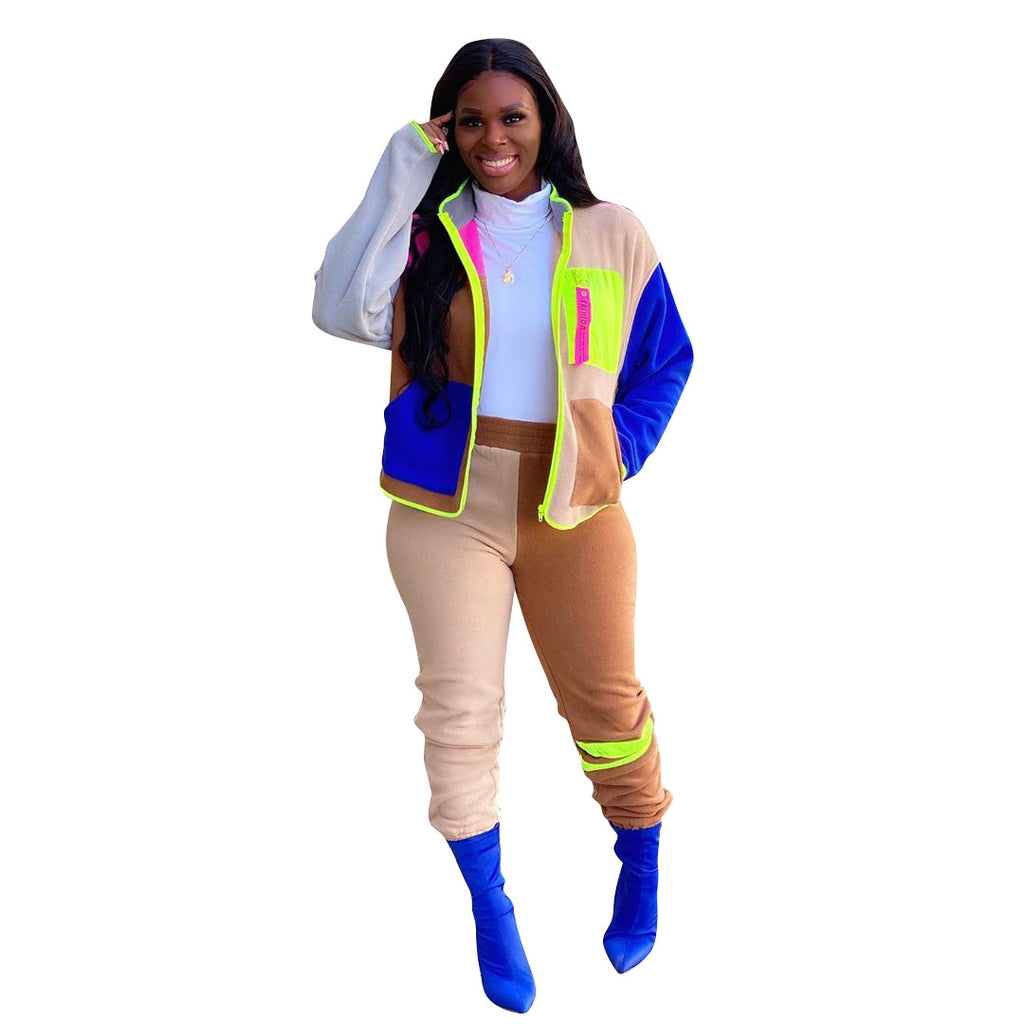 Damen Sportliches Freizeit-Set mit modernem Farbblockdesign und praktischen Taschen WW