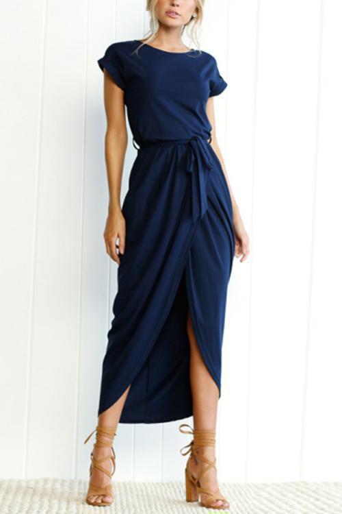 WW | Rosiedress Kurzarm Tie Waist Schlitz Midi Kleid