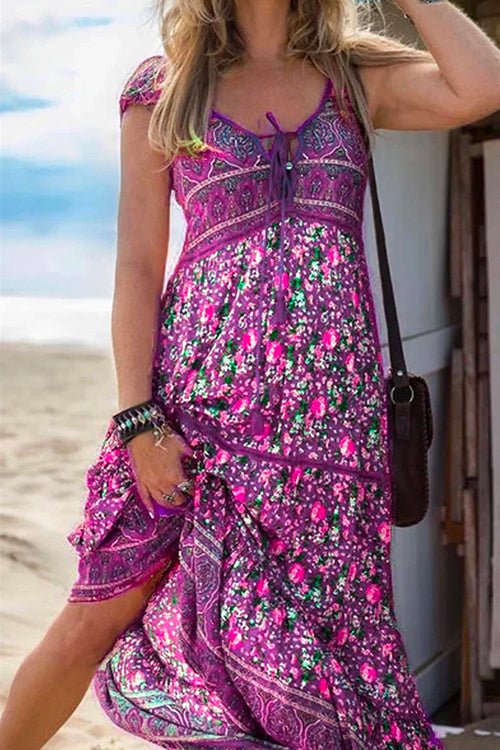 WW | Quasten V-Ausschnitt Bohemian Gedrucktes Maxi Strandkleid