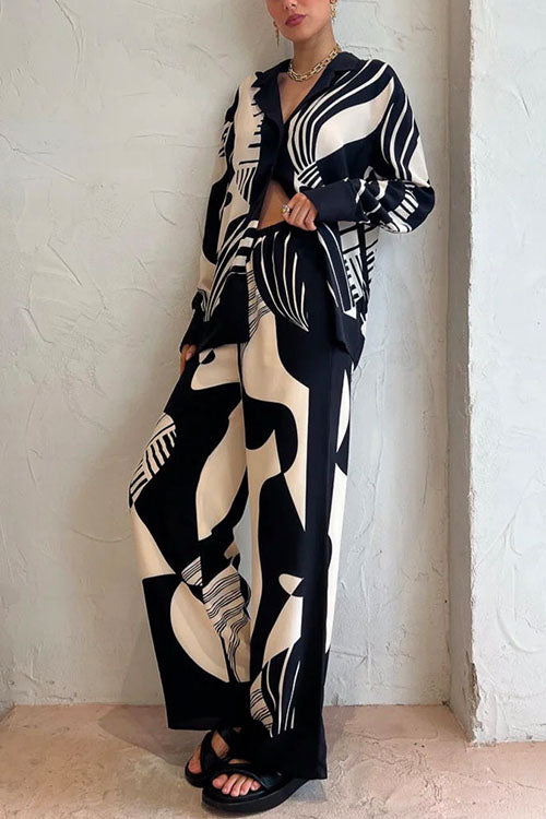 WW | Rosiedress Grafik Druck Langarm Bluse Shirt Weite Beinform Hose 2 Teile Set