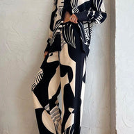WW | Rosiedress Grafik Druck Langarm Bluse Shirt Weite Beinform Hose 2 Teile Set