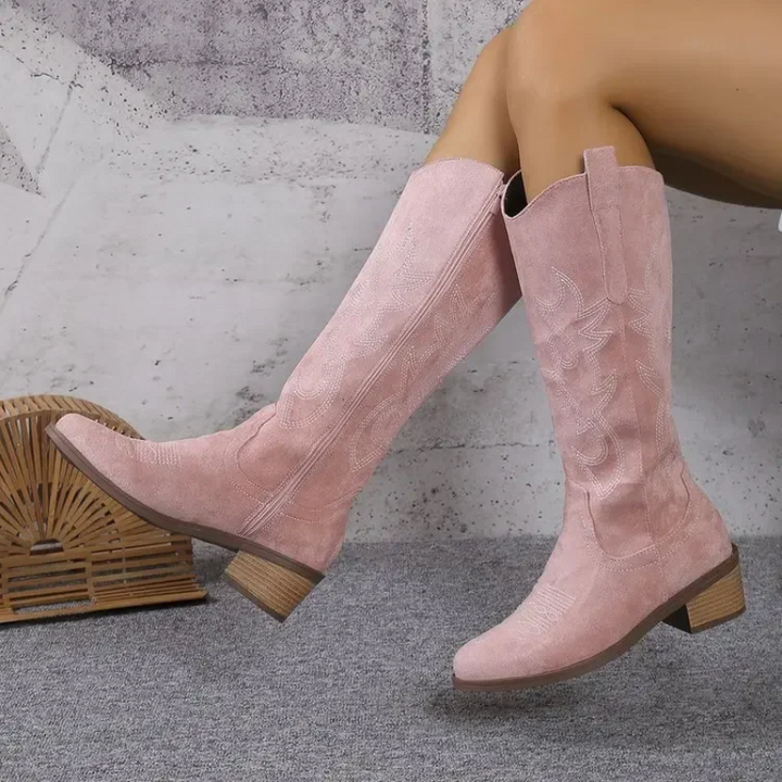 W&W Mode | Wildleder Western Stiefel mit Bestickten Details Cowboy Stiefel Damen
